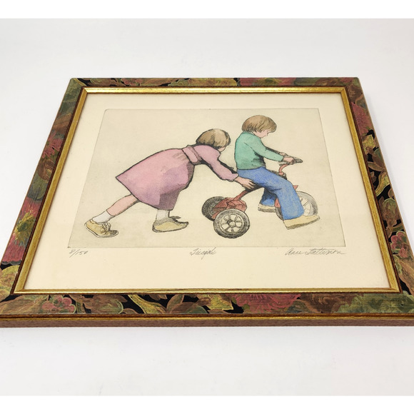 Tricycle Print Signed Matted Framed Numbered 8/150 Drawing Kids Siblings Friends - Picture 11 of 16
